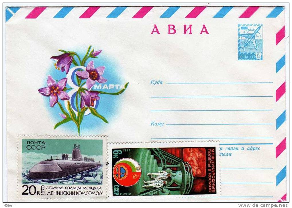 Russie: Entier Illustration Fleurs Avec Timbres Sous Marin Atomique "Lénine-Komsomol" Et "Soyouz 33" - Submarines