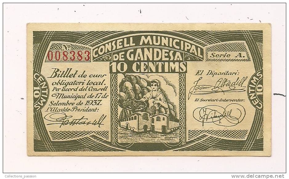 Billet , ESPAGNE , 10 Centins , 1937 , Bitllet De Curs ,  Consell Municipal De Gandesa - Altri & Non Classificati