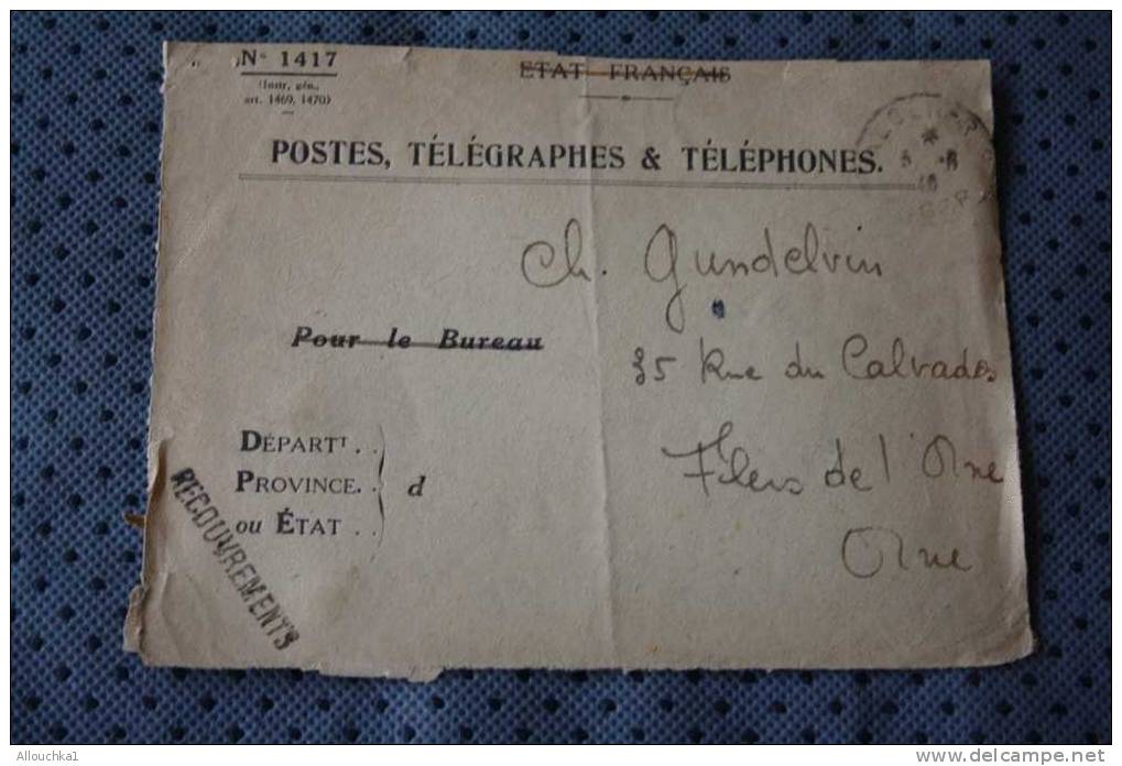 DEVANT ENVELOPPE AVION => ALGER RECOUVREMENTS N°1417  ETAT FRANCAIS ALGERIE EX COLONIE FRANCAISE 1946 P/ FLERS - Briefe U. Dokumente