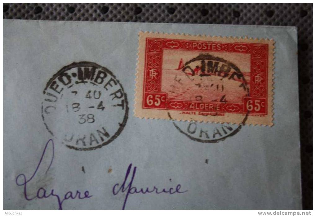 ENVELOPPE PAR AVION => OUED IMBERT ORAN  ALGERIE EX COLONIE FRANCAISE 1938 P/ NARBONNE CACHETS MANUELS +FLAMME VERSO - Lettres & Documents