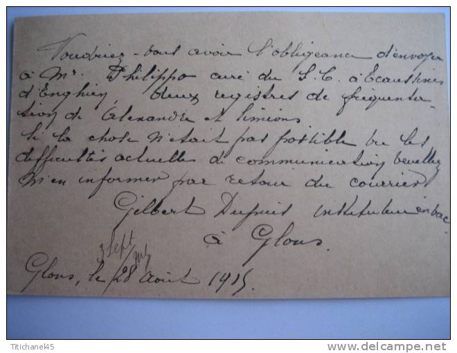 Entier Germania GLONS 1915 Vers LIEGE - Pas De Censure - Signé G. DUPUIS Instituteur à GLONS - OC1/25 Gouvernement Général