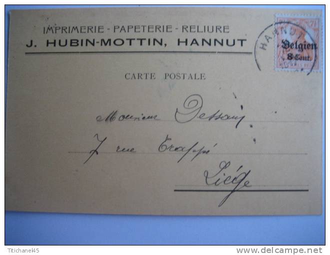 CP Germania HANNUT 1917 Vers LIEGE - Pas De Censure - Entête J. HUBIN-MOTTIN Imprimerie à HANNUT - Hannut