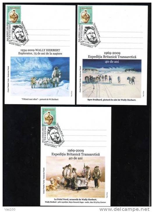 Expedition TRANSANTARCTICA,Wally Herbert Antarctica,Svalbard,polar Dog,2009 Postcard 3x Diff Romania. - Explorateurs & Célébrités Polaires