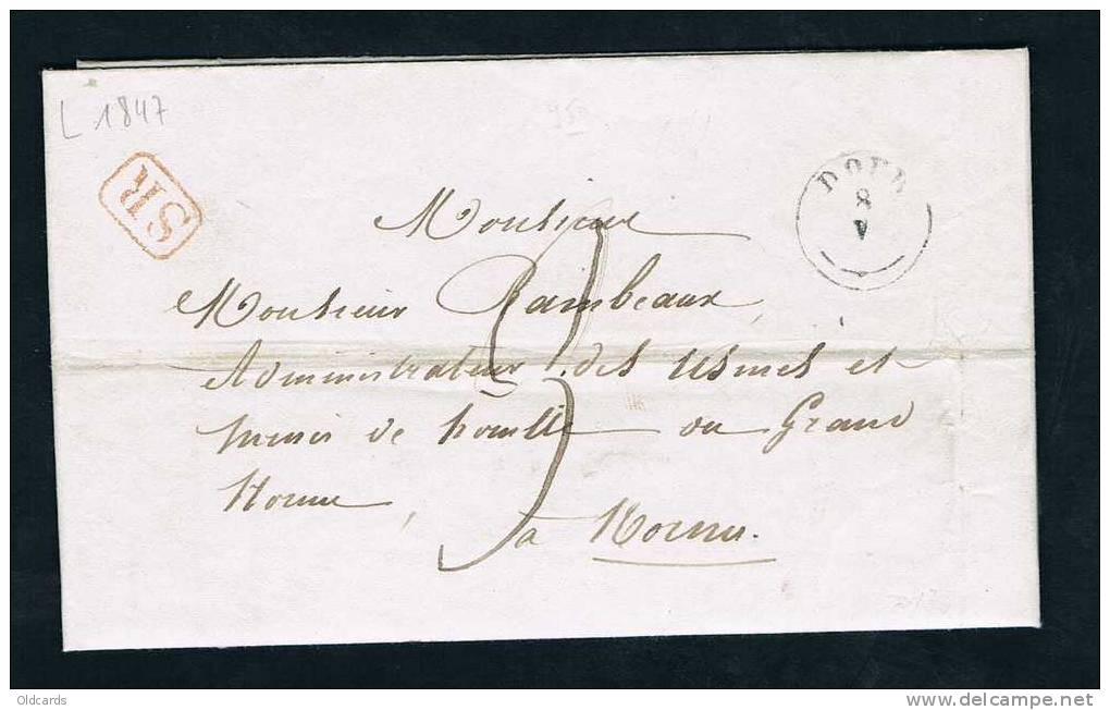 Belgique Précurseur 1847 Lettre Avec T18 "DOUR" + SR En Rouge De Mons. - 1830-1849 (Belgique Indépendante)