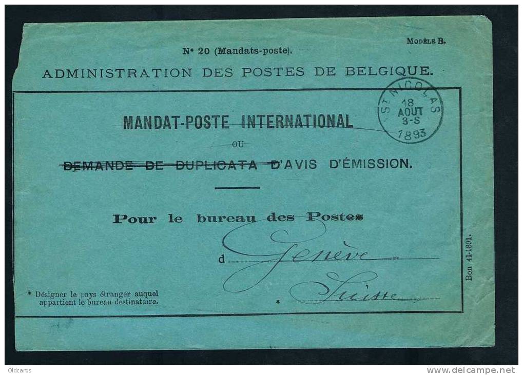 Belgique 1893 Envel. Mandat International De St Nicolas Pour La Suisse. - Andere & Zonder Classificatie