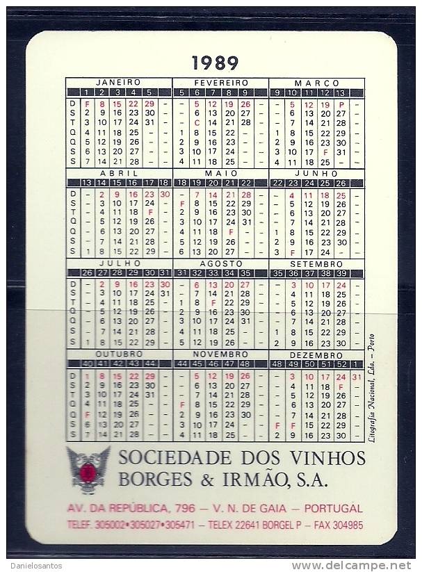 1989 Pocket Poche Bolsillo Bolso Calendar Calandrier Calendario Portugal Porto Wine Vinhos Borges E Irmão - Small : 1981-90