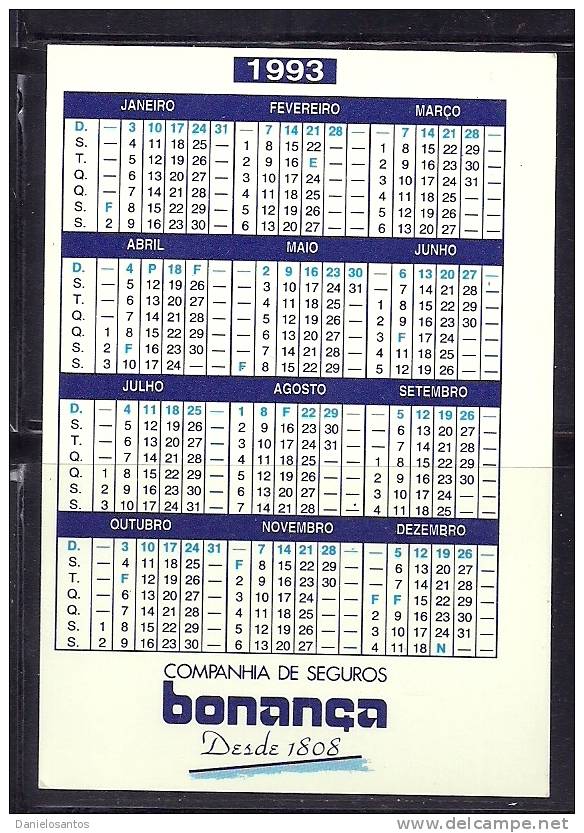 1993 Pocket Poche Bolsillo Bolso Calendar Calandrier Calendario Portugal Bonança Seguros - Small : 1991-00