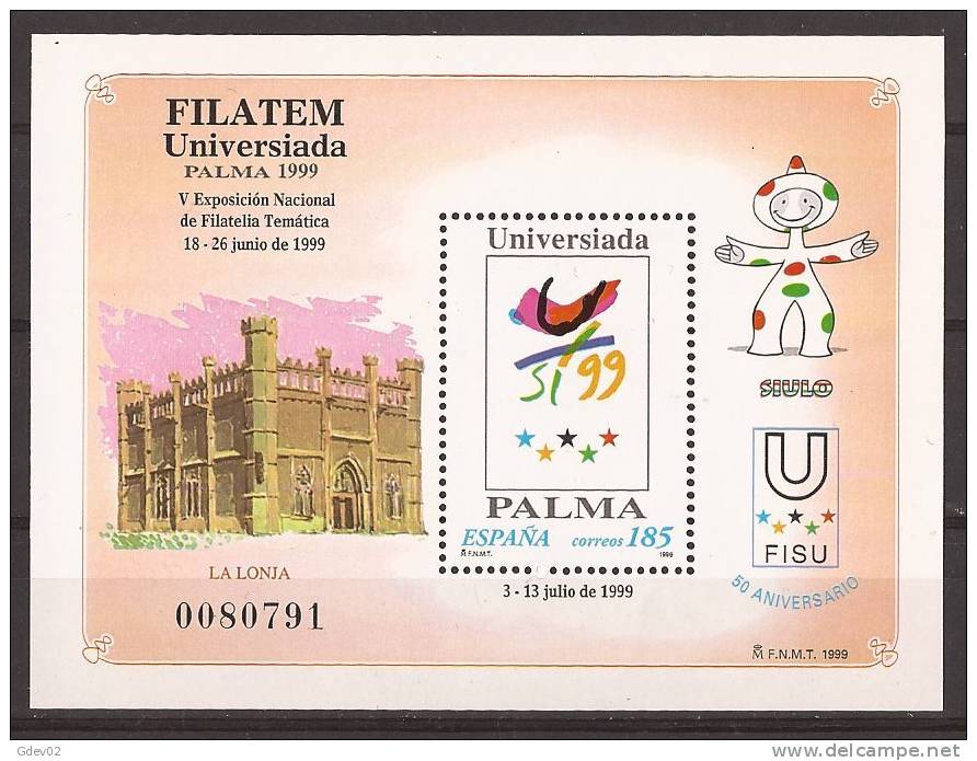 ES3648-L3916THC.España.Spain .Espagne FILATEM UNIVERSIADA PALMA DE MALLORCA .La Lonja.1999( Ed.3648**)LUJO - Feuillets Souvenir