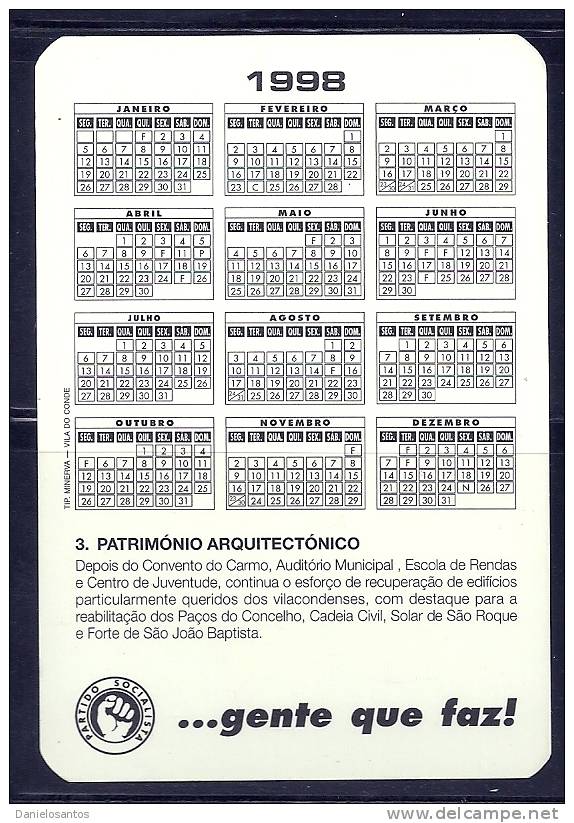1998 Pocket Poche Bolsillo Bolso Calendar Calandrier Calendario Portugal  Political Party PS  3 Patrimonio Arq - Small : 1991-00
