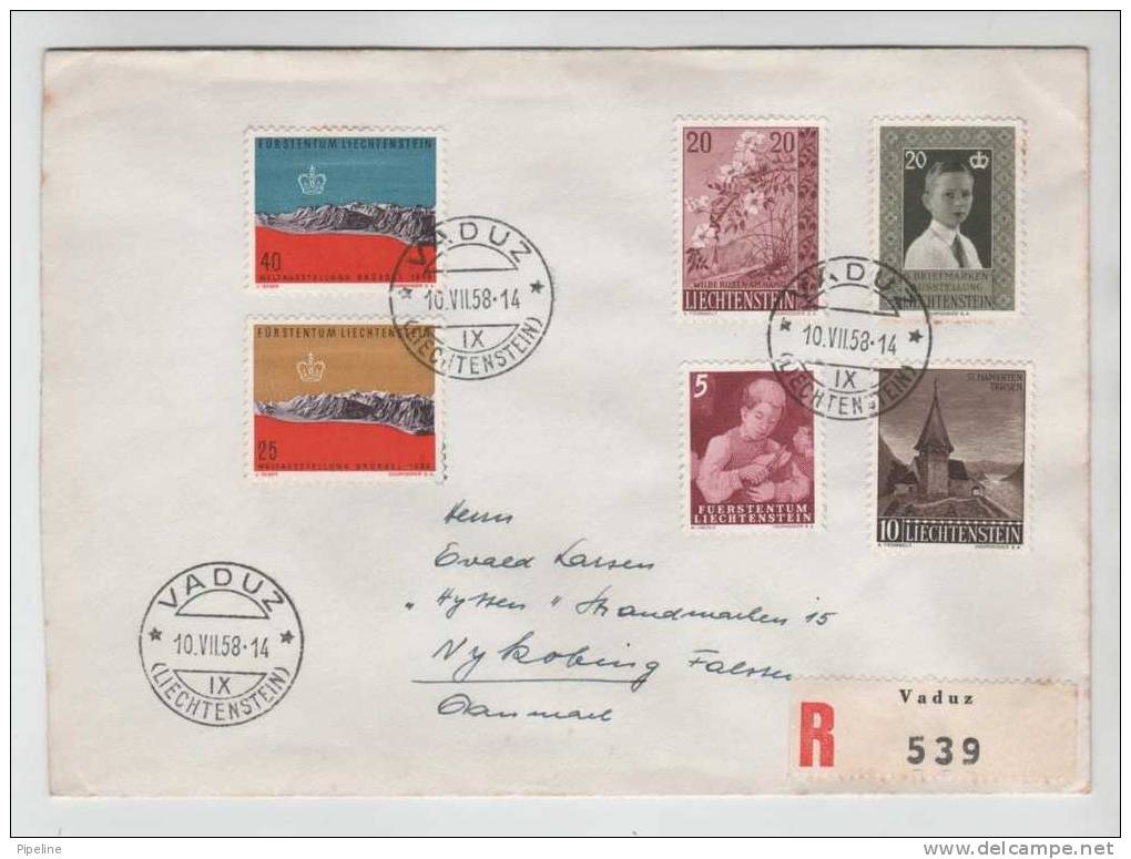 Liechtenstein Registered Cover Multi Franked And Sent To Denmark VADUZ 10-7-1958 - Brieven En Documenten