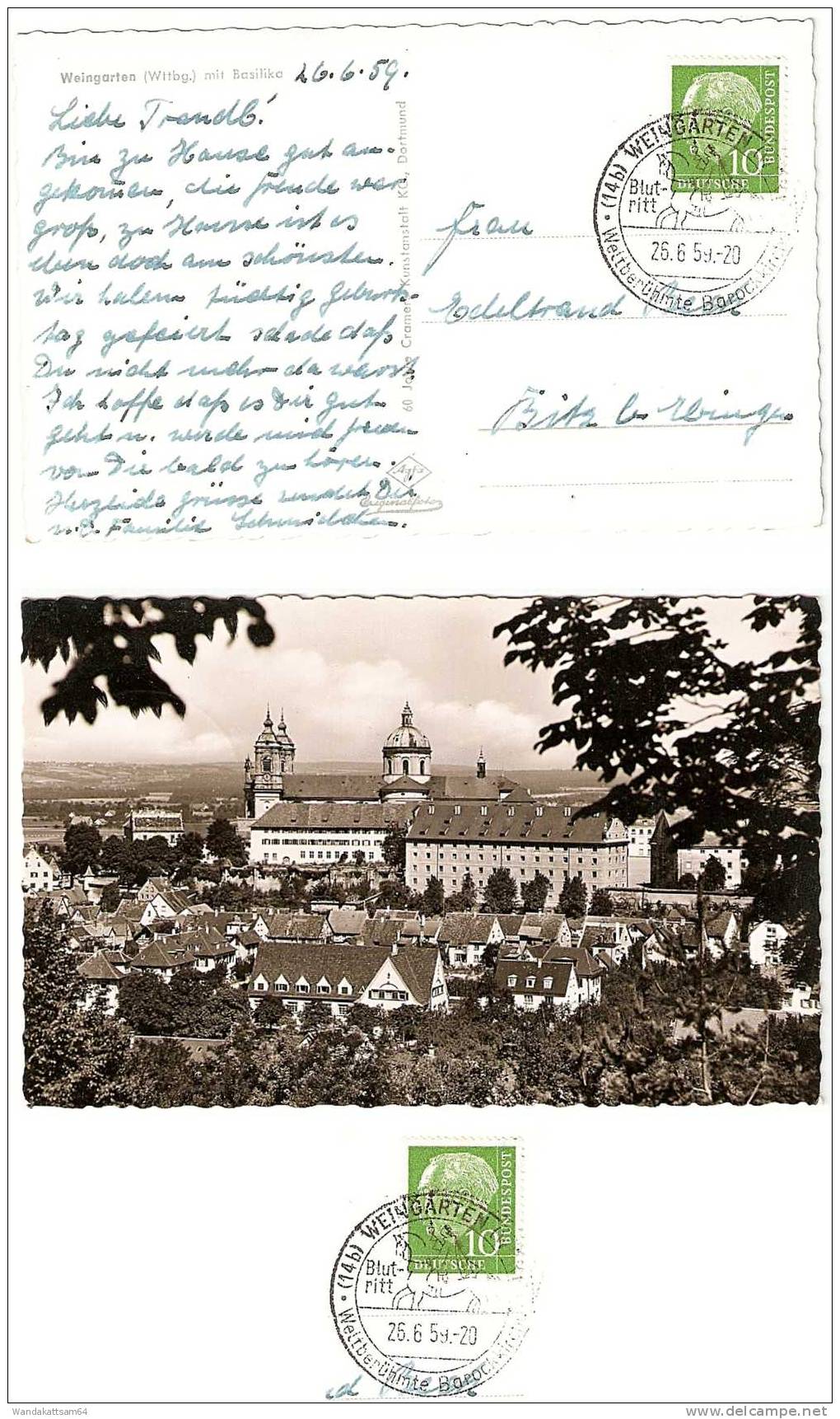 AK Weingarten (Wttbg.) Mit Basilika 26. 6.59.-20 (14b) WEINGARTEN (WÜRTT) - Weltberühmte Barockkirche (Blutritt) - - Ravensburg