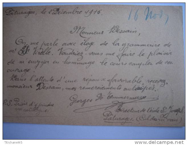 Entier Germania PATURAGES 1915 Vers LIEGE - Censure MONS-signé GEORGES DE TEMMERMAN Directeur Ecole St-Joseph PATURAGES - OC1/25 General Government