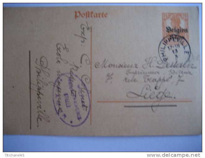 Entier Germania PHILIPPEVILLE 1917 Vers LIEGE - Censure NAMUR - Signé C. COLINET Régente école Moyenne à PHILIPPEVILLE - OC1/25 General Government