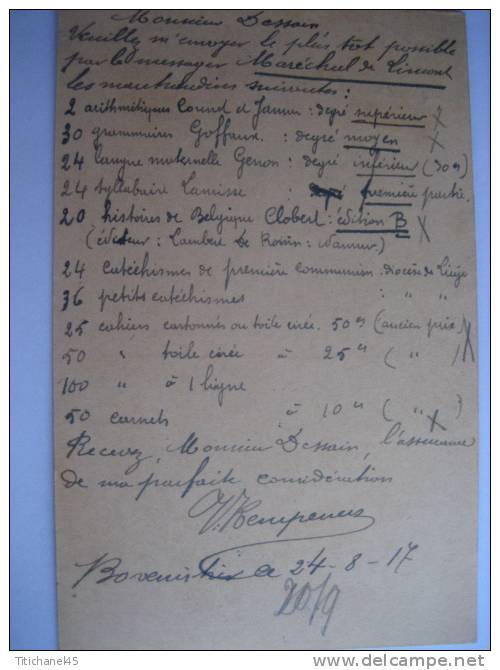 Entier Germania REMICOURT 1917 Vers LIEGE - Censure LUTTICH - Cachet Privé V. KEMPENEERS Instituteur à BOVENISTIER - OC1/25 Gobierno General