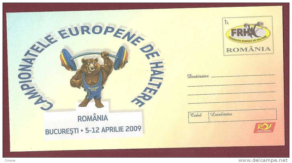 European Halterophilie Championships. ROMANIA Postal Stationery Cover 2009 - Gewichtheben