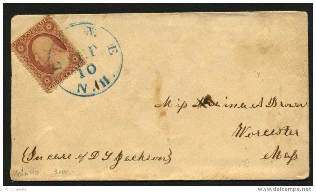 NICE COVER From LYME 1853 With 3cent To WORCESTER - Marcophilie