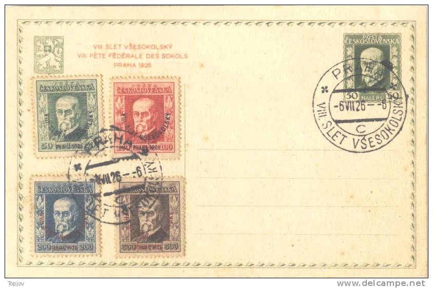CZECHOSLOVAKIA - SOKOL CONGRESS FULL SET ON POST. STATION. 1926 Mi. 212/5  + SPEC CANCEL -  RR - Postcards