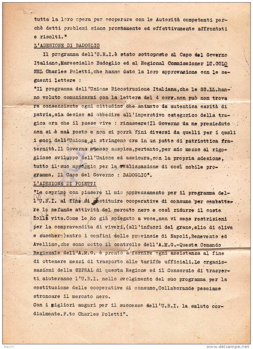 Piego Per Agrigento  - A.C.S.  04.06.1944 - " Unione Ricostruzione Italiana " - Imperiale Con Fasci  Cent. 50 Isolato - Marcophilia