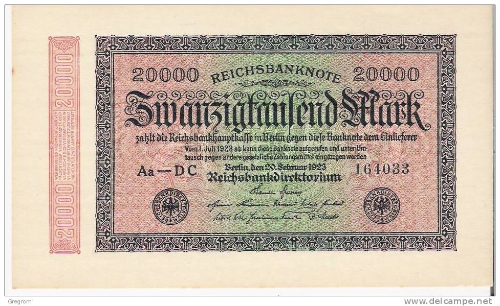 ALLEMAGNE -GERMANY  20000 MARK  Jamais Circulé Lettres Aa- DC 164033   Rare - 20000 Mark