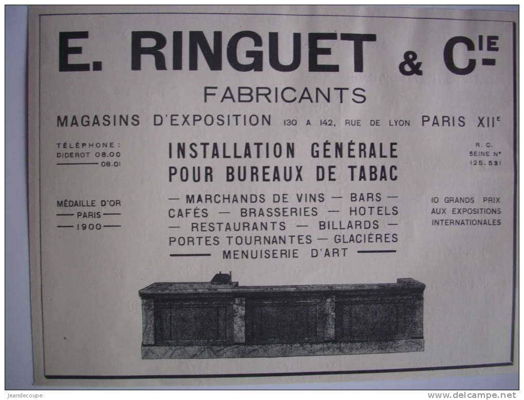 PUB-PUBLICITE- TABAC - E. RINGUET & Cie - Fabrique De Comptoirs -  1930 - Advertising