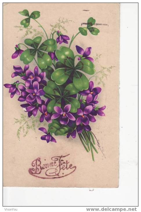 Bouquet De Violettes Et Trèfles : Bonne Fête - Autres & Non Classés