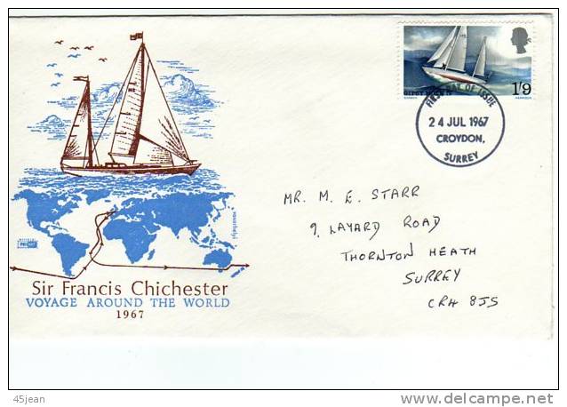 Grande-Bretagne: 1967 Belle Fdc Sir Francis Chichester, Voyage Autour Du Monde - 1952-1971 Em. Prédécimales