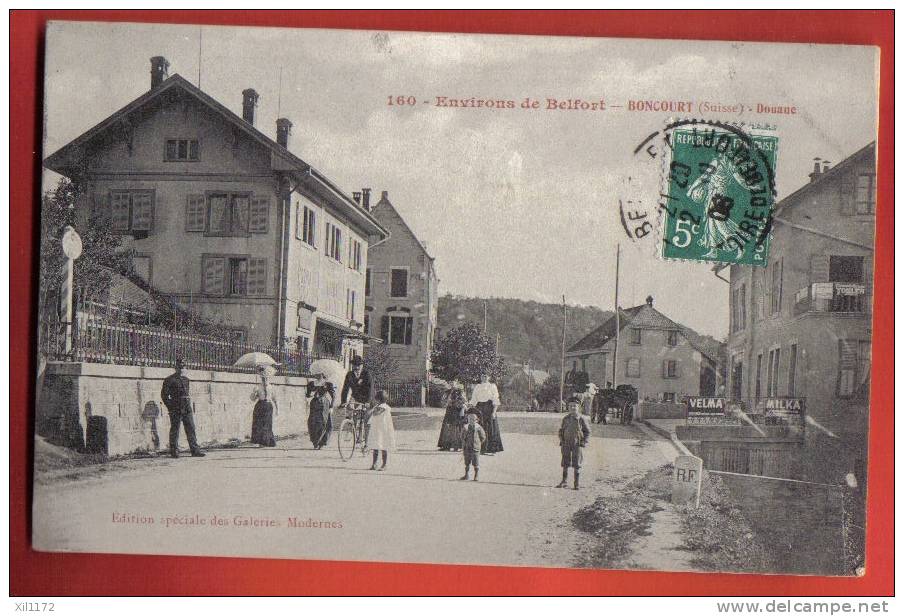J632 Boncourt, La Douane.Douanier,vélo,attelage.Velma + Milka Pub Suchard.Chocolats Tobler.Cachet 1909 S/timbre Français - Boncourt
