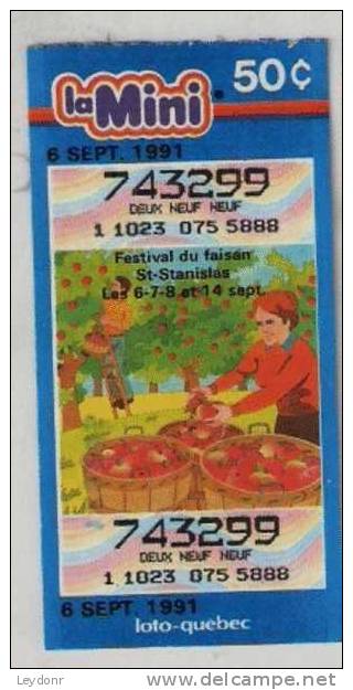 Festival Du Faisan St. Stanislas - Apple Picking - La Mini - Loto Quebec 1991 - Lottery Ticket - Lottery Tickets