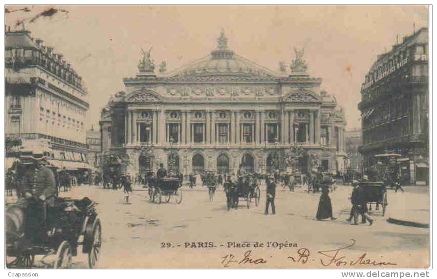 PARIS -Tranports Urbains - Fiacres - Place De L'Opéra -cpa -dnd-voyagée 1903-PAYPAL SANS FRAIS - Transport Urbain En Surface
