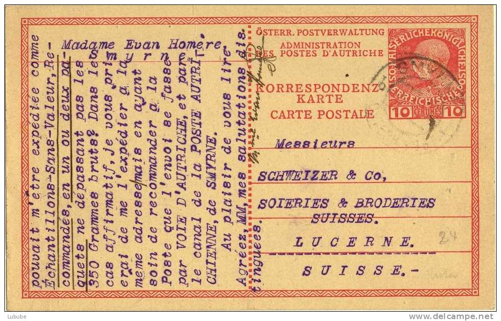 Korrespondenz Karte  Smyrna - Luzern      1914 - Levante-Marken