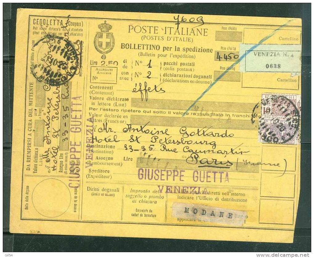 Bollettino Per La Spedizione  - Venezia N.4 En Oct 1928   - LP20630 - Colis-postaux