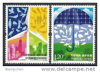 China 2010-13 Energy & Environment Stamps Bird Butterfly Insect Windmill Umbrella Elephant Fish Tiger - Moulins