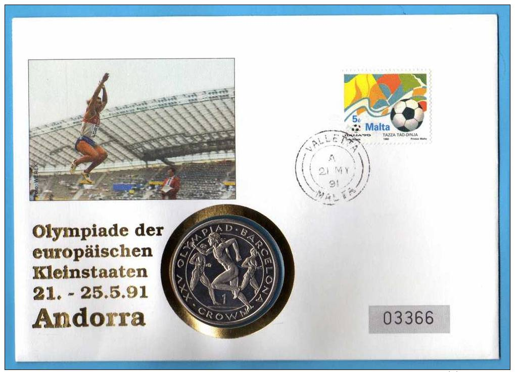 MALTA / GIBRALTAR  ** European Olympics ANDORRA 1991  ** CARTA NUMISMATICA  - NUMISBRIEF - NUMIS / COIN LETTER - Gibraltar