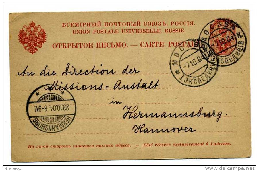 ENTIER POSTAL RUSSIE  URSS POUR  ALLEMAGNE  HERMANNSBURG  1904 / STATIONERY - Stamped Stationery