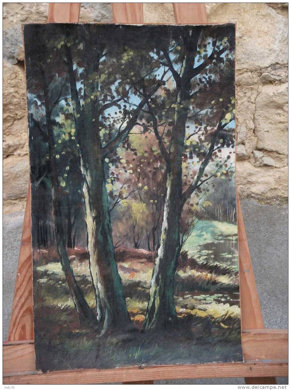 - PAYSAGE FORESTIER . HUILE SUR TOILE COLLEE SUR CARTON FIN  . NON SIGNEE - Olieverf