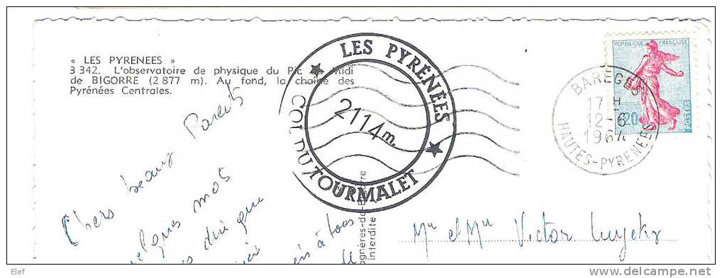 L'Observatoire De Physique Du Pic De Bigorre;Hautes-Pyrénées; Cachet Col Tourmalet ;postée De Barèges,1964;TB - Vic Sur Bigorre