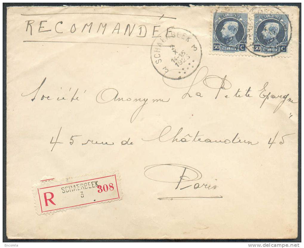 N°211(2) Obl. Sc SCHAERBEEK 3 S/L. Recommandée Du 2-X-1923 Vers Paris - 6406 - 1921-1925 Small Montenez