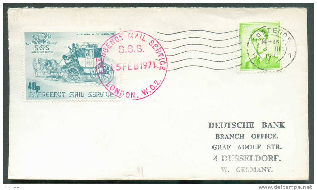 GREVES ANGLAISES  - TP 40p. Obl. Emergency Mail Service /S.S.S. 15-2-1971 S/L. Vers Dusseldorf Via OOSTENDE Avec Affr. T - Lettres & Documents