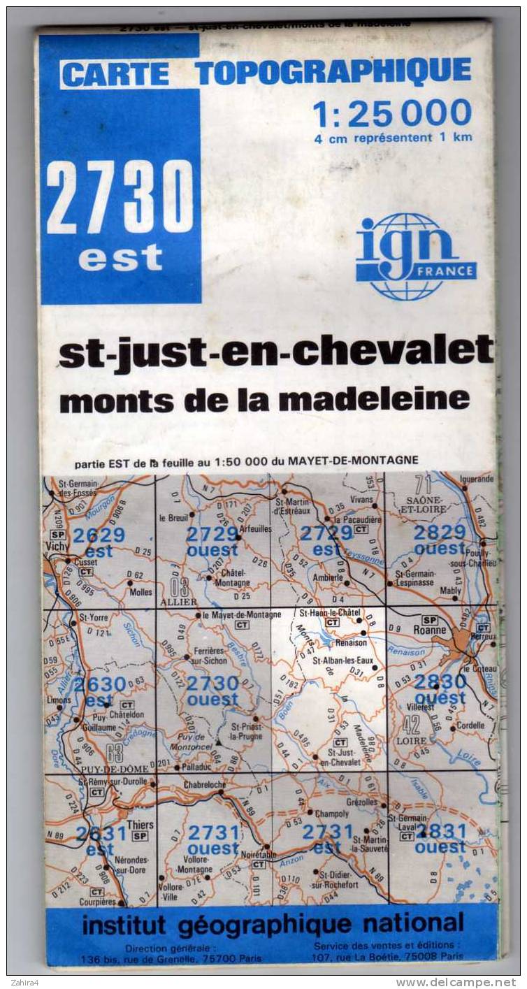 2730 Est -  St Just En Chevalet - Mont De La Madeleine - Est Mayet De Montagne  -  I.G.N. France - Mapas Topográficas