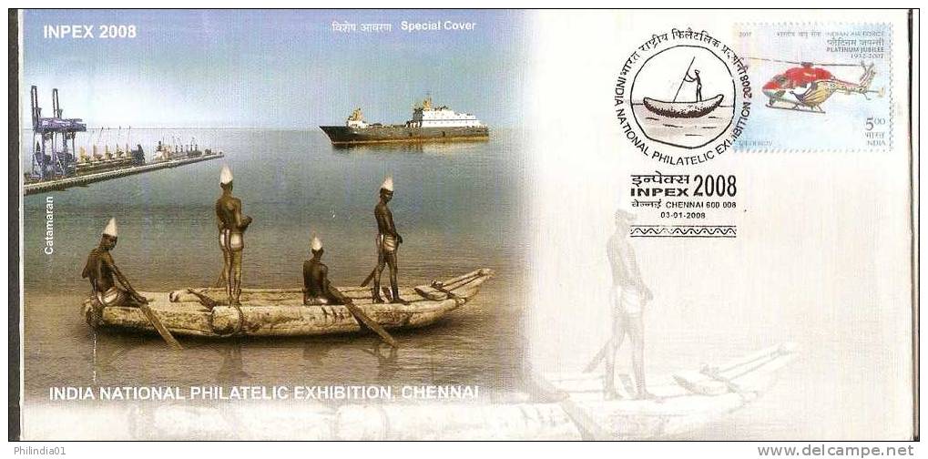 India 2008 CATAMARAN Ancient Boat Ship Transport Helicopter Special Cover Inde Indien # 7450 - FDC