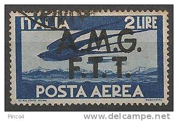 TRIESTE A   2 LIRE POSTA AEREA SOVRASTAMPA SU DUE RIGHE USATO - Airmail