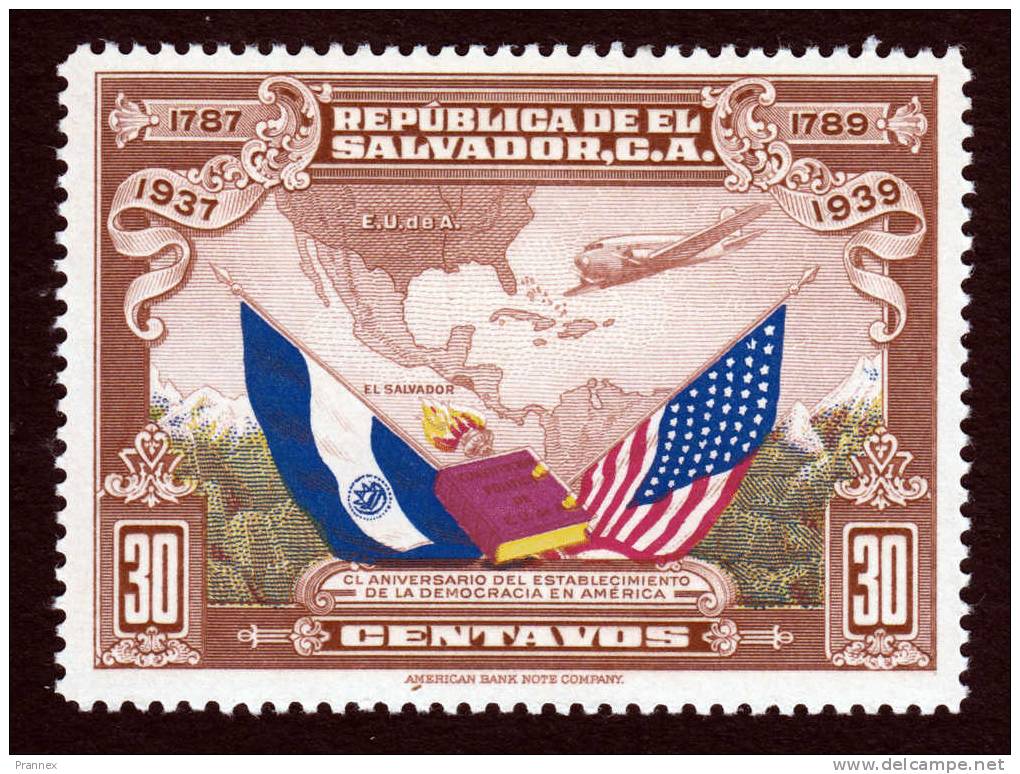 El Salvador, Scott #C61, Mint Hinged, Map And Flags Of US And El Salvador, Issued 1938 - El Salvador