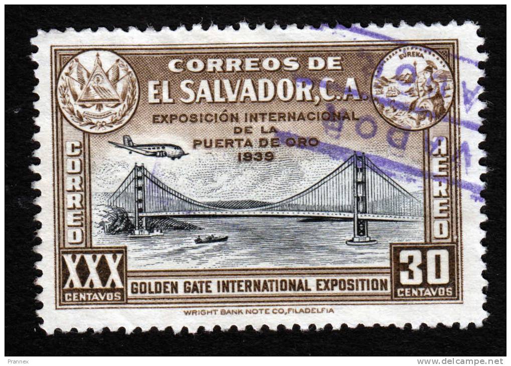 El Salvador, Scott #C67, Used, Golden Gate Bridge, San Francisco, Issued 1939 - El Salvador