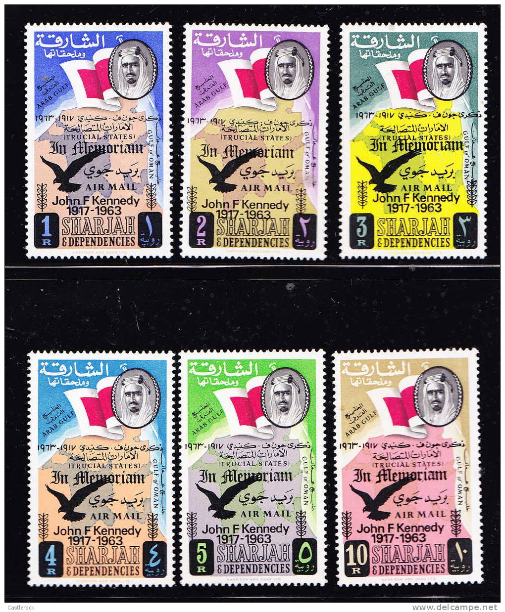 T)1964,SHARJAH,SET(6),OVERPRINTED,PRES.JOHN F.KENNEDY,MINT,SCN C7-C12,CV 64.75 - Sharjah