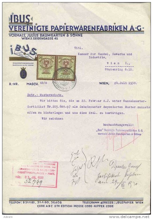 Musterschutz, Schreiben Der Firma IBUS, Datiert Wien 1930, IBUS-Vereinigte Papierwarenfabriken AG ... - Documentos Históricos