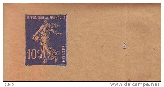 135 - Entier Postal Type Semeuse Fond Plein Inscription Maigre 10 C Bleu Outremer N° 820 (Y&T 279-BJ1) - Bandas Para Periodicos