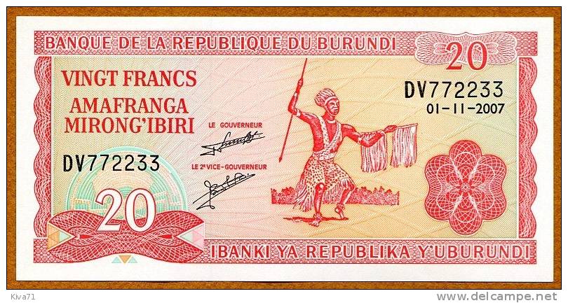 **NOUVEAU** 20 Francs  "Burundi"  1er Novembre 2007  UNC    Ble 10 - Burundi