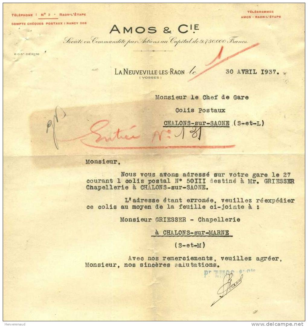 Paix 283 Sur Lettre Des Ets Amos à Neuveville-les-Raon (Vosges) ,pour Chalon-sur-Saône + Flamme - 1932-39 Vrede