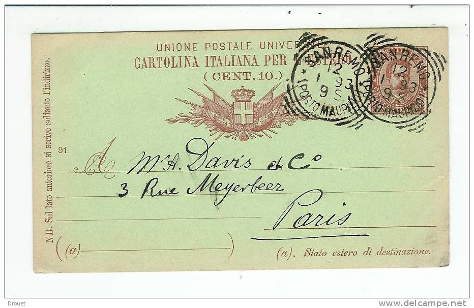 ITALIE - ENTIER POSTAL VICTOR EMMANUEL - SAN- REMO - PARIS - 1893 - Stamped Stationery