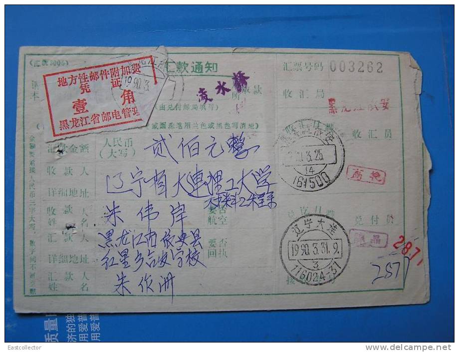 China Post Tax ( FUJIAFEI) Remittance Cover Group 7 Diff, ADDITIONAL CHARGE LABELS COUNTY POSTAL REMITTANCE RECEIP - ...-1878 Prephilately